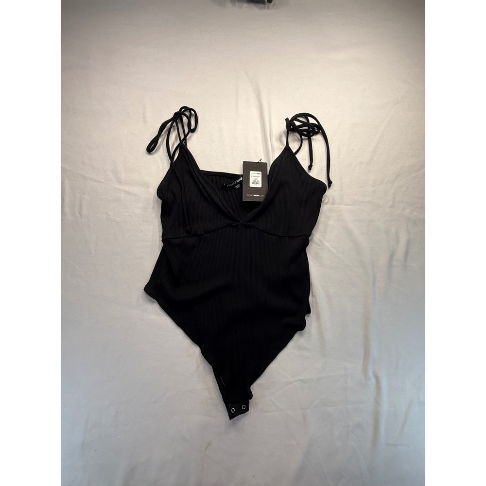 Fashion Nova Womens V Tied Bodysuit Black Ribbed Knit Size 2X NWT P3034R